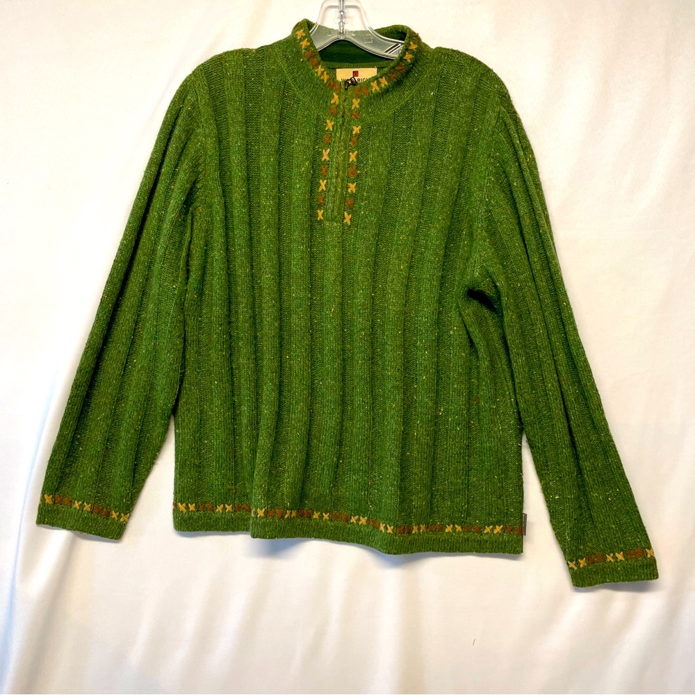 Women's WOOLRICH Green Ramie Wool Blend 1/2 Zip Sweater Size Large Trim